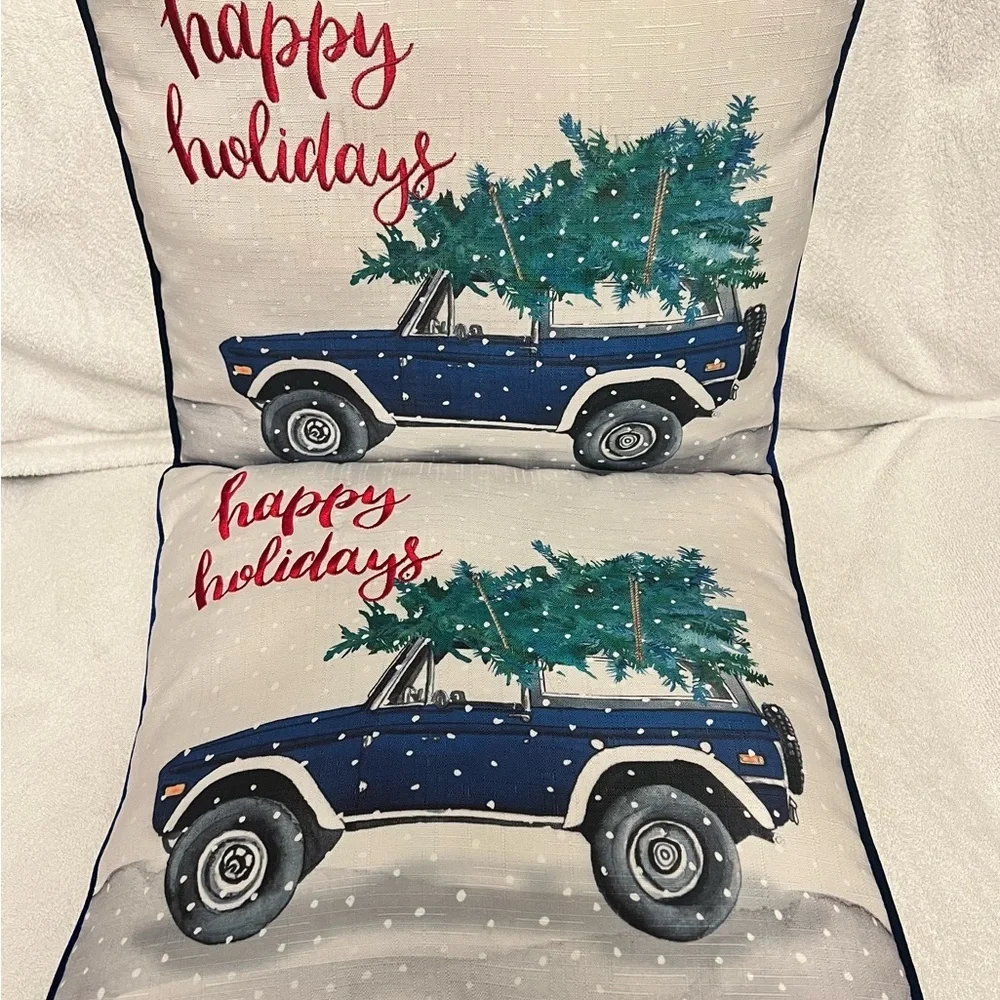 Happy Holidays Blue Truck Pillow Set
